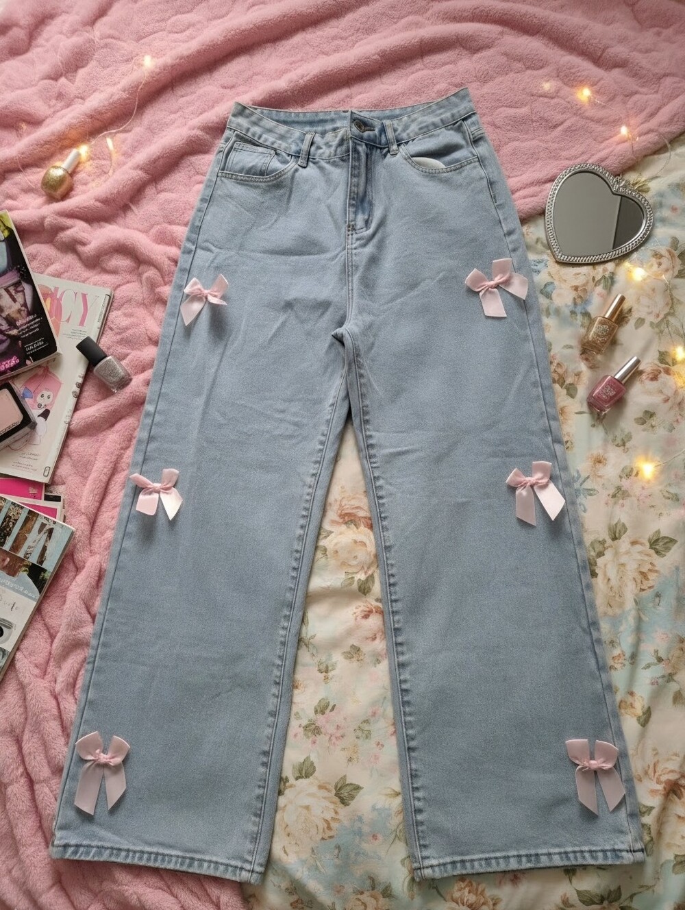 High-Rise Light Blue Women's Jeans with Pink Bow Accents